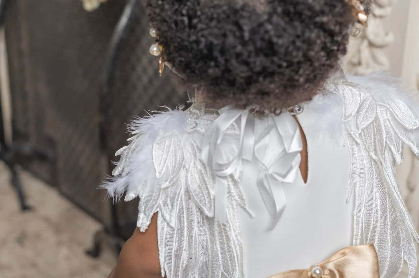 Girl | Angelina Feather Wings Dress | White x Gold