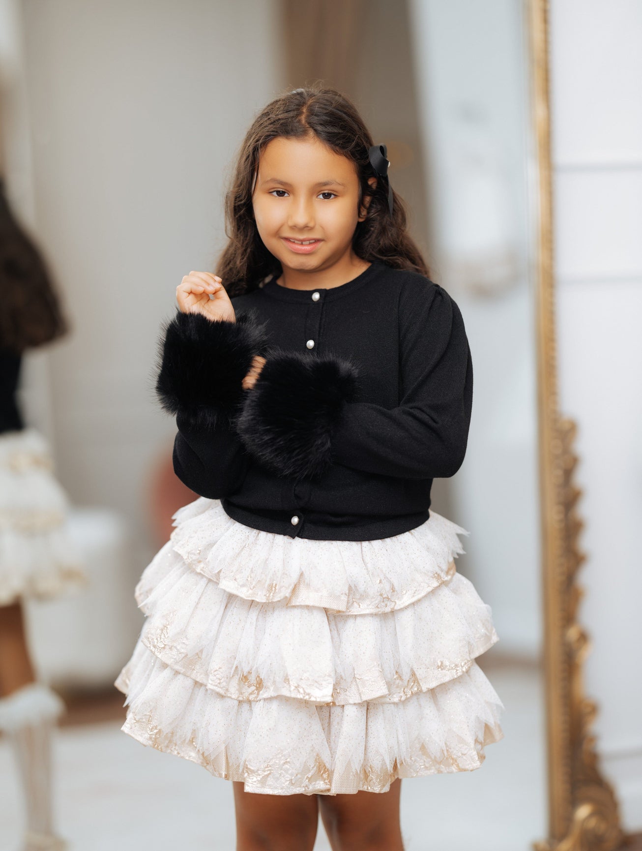 Girl | Black Faux Fur Knit Wool Cardigan