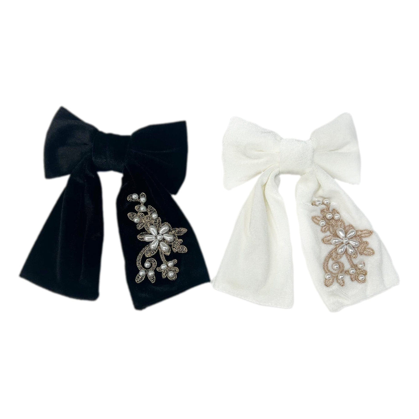 Girl | Embroidered Velvet Pearl Hair Bows | Black & Ivory