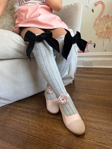 Girl | Grey Knee High Socks with Velvet Bows | Gray x Black