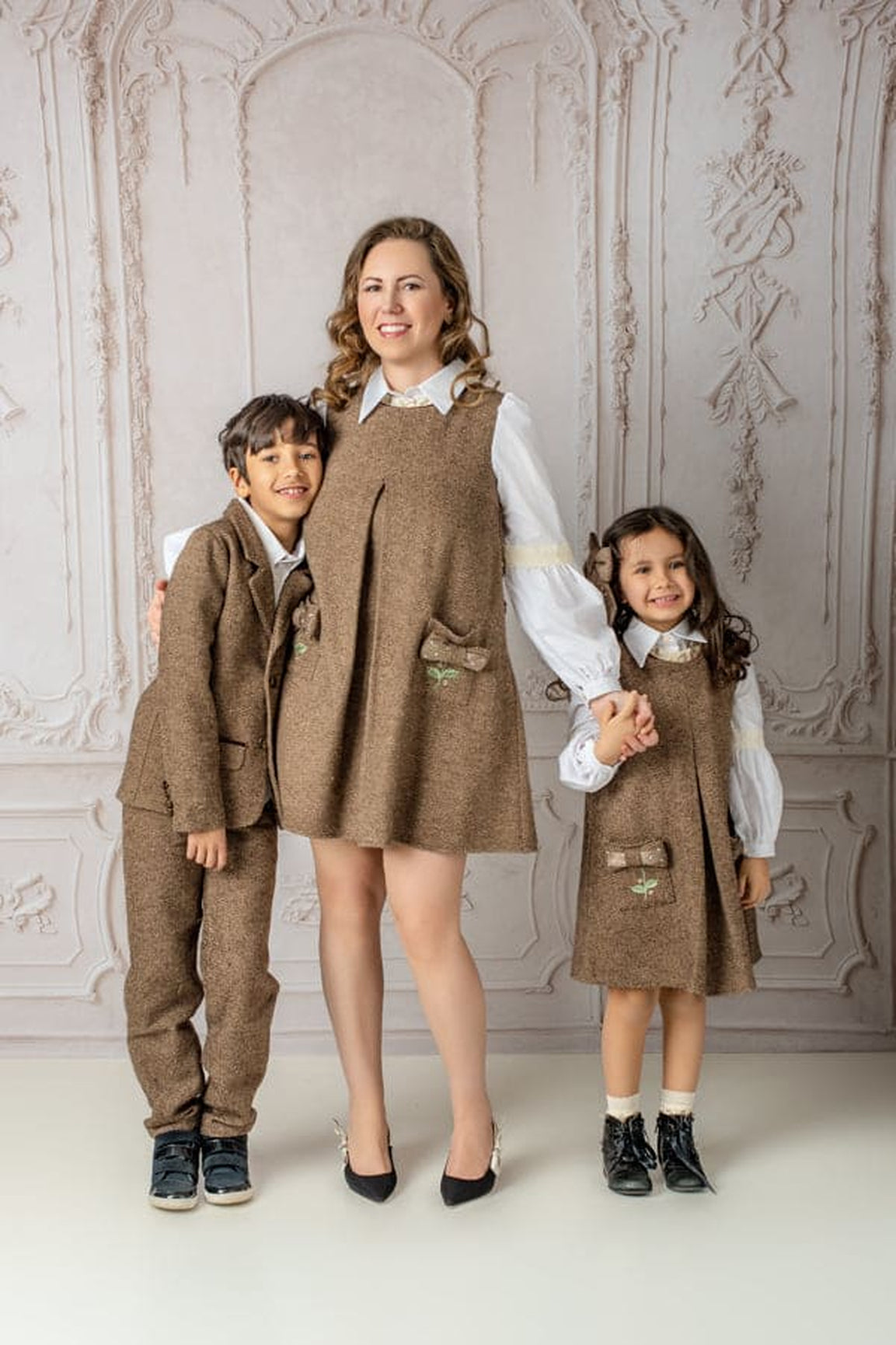 Girl | Herringbone Dress and Blouse Set | Brown x White