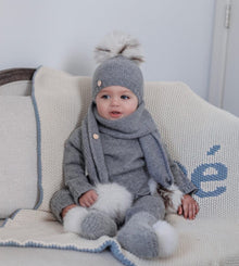 Girl | Honeycomb Grey Cashmere Pom Scarf White Print Pom | Gray