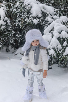 Girl | Honeycomb Grey Cashmere Pom Scarf White Print Pom | Gray