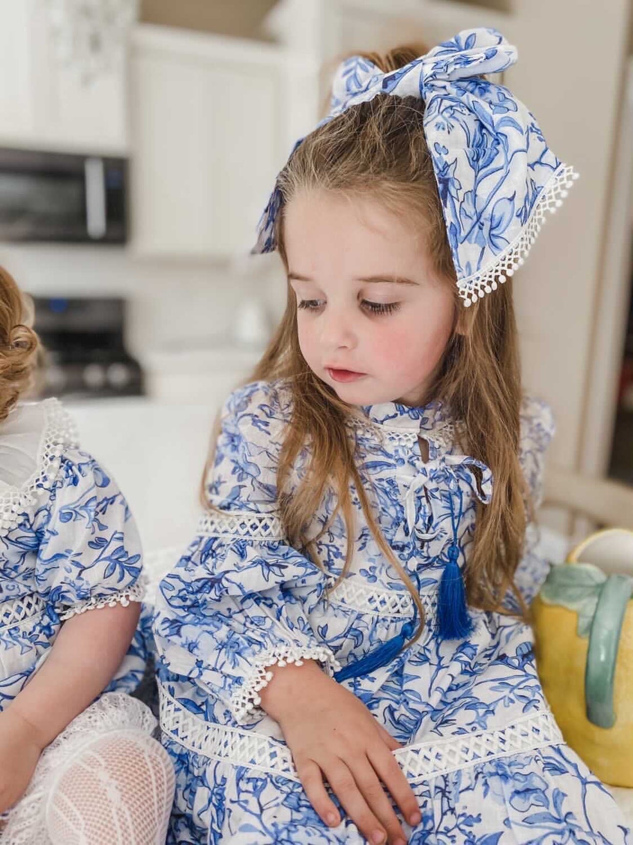 Girl | Jaylin Linen Blue and White Long Sleeve Dress