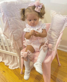 Girl | Lana Ruffle Socks with Poms and Bows Bow | White x Blush Pink