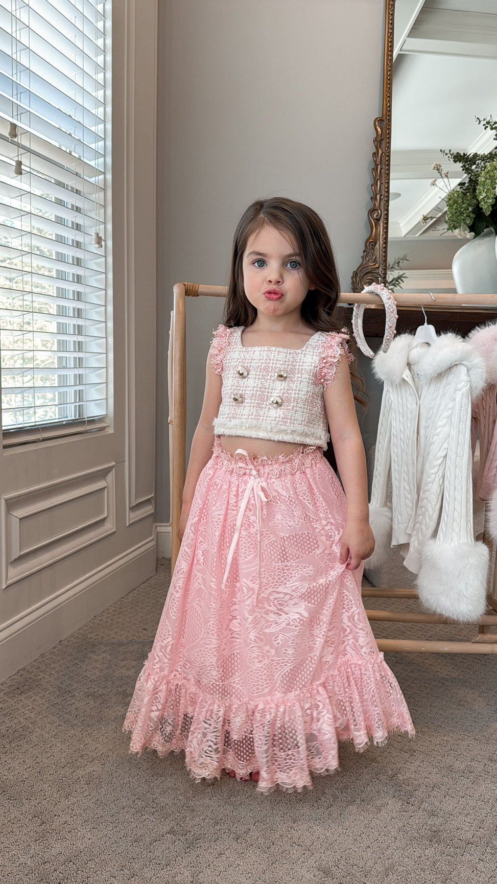 Girl | Molly Tweed Top and Lace Skirt Set | Pink