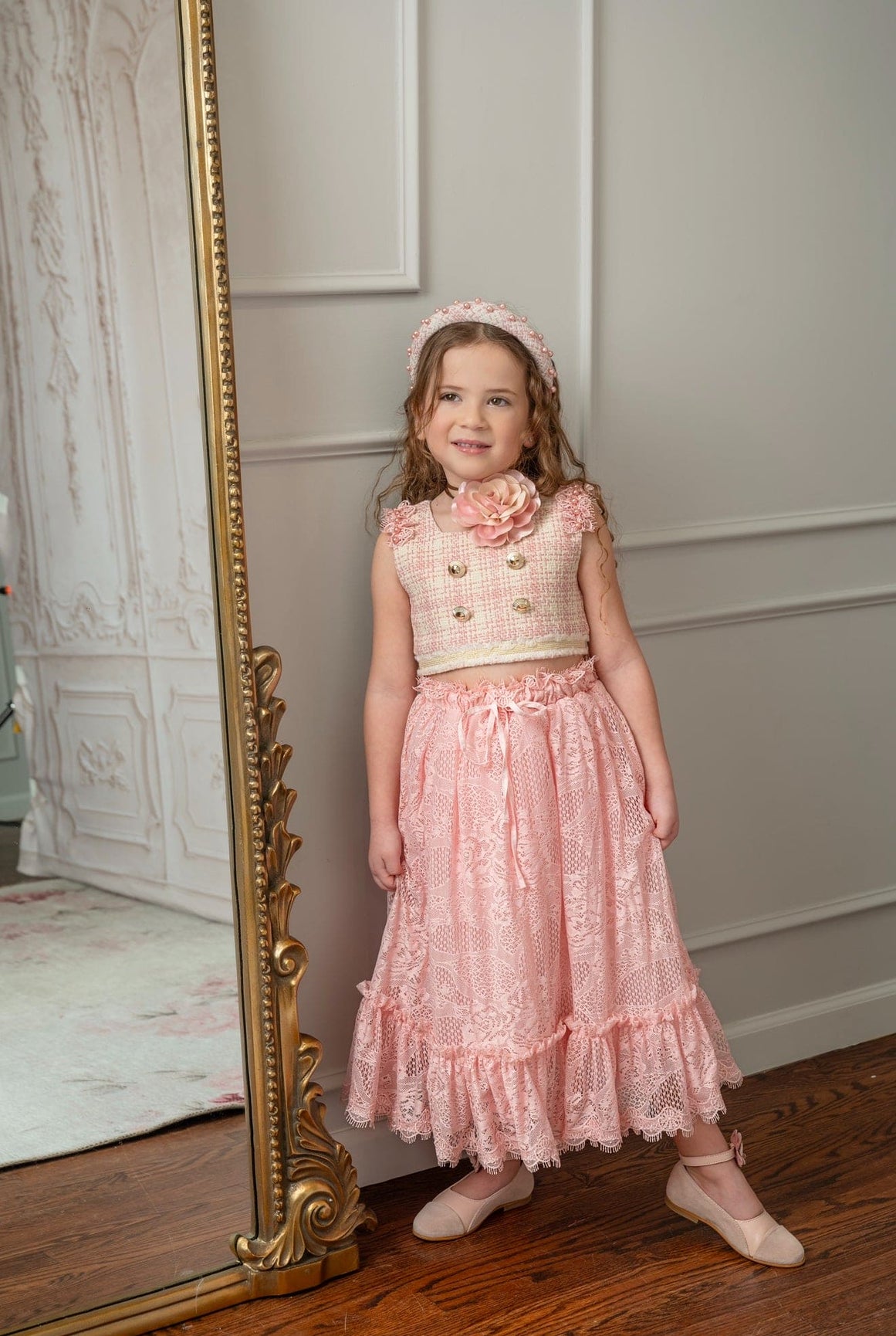 Girl | Molly Tweed Top and Lace Skirt Set | Pink