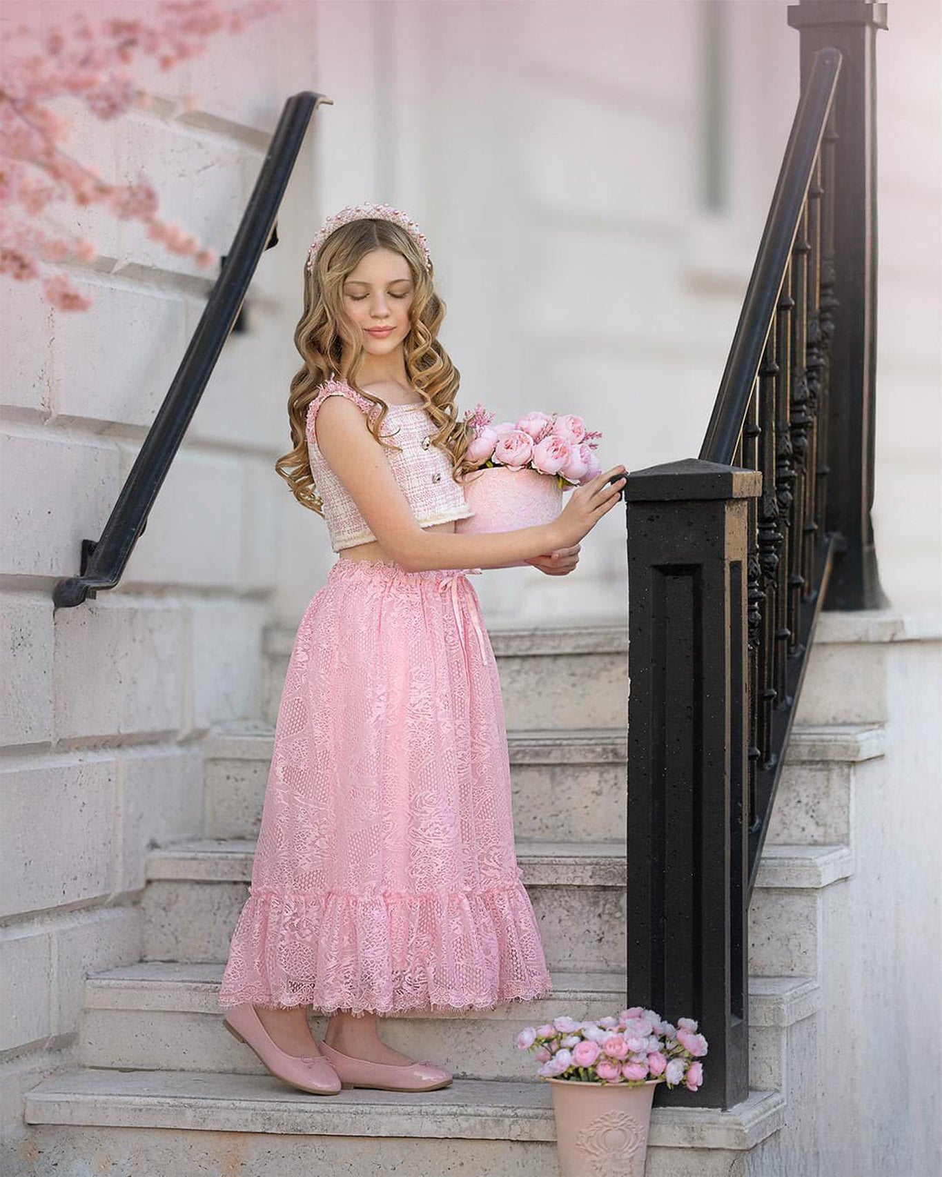 Girl | Molly Tweed Top and Lace Skirt Set | Pink