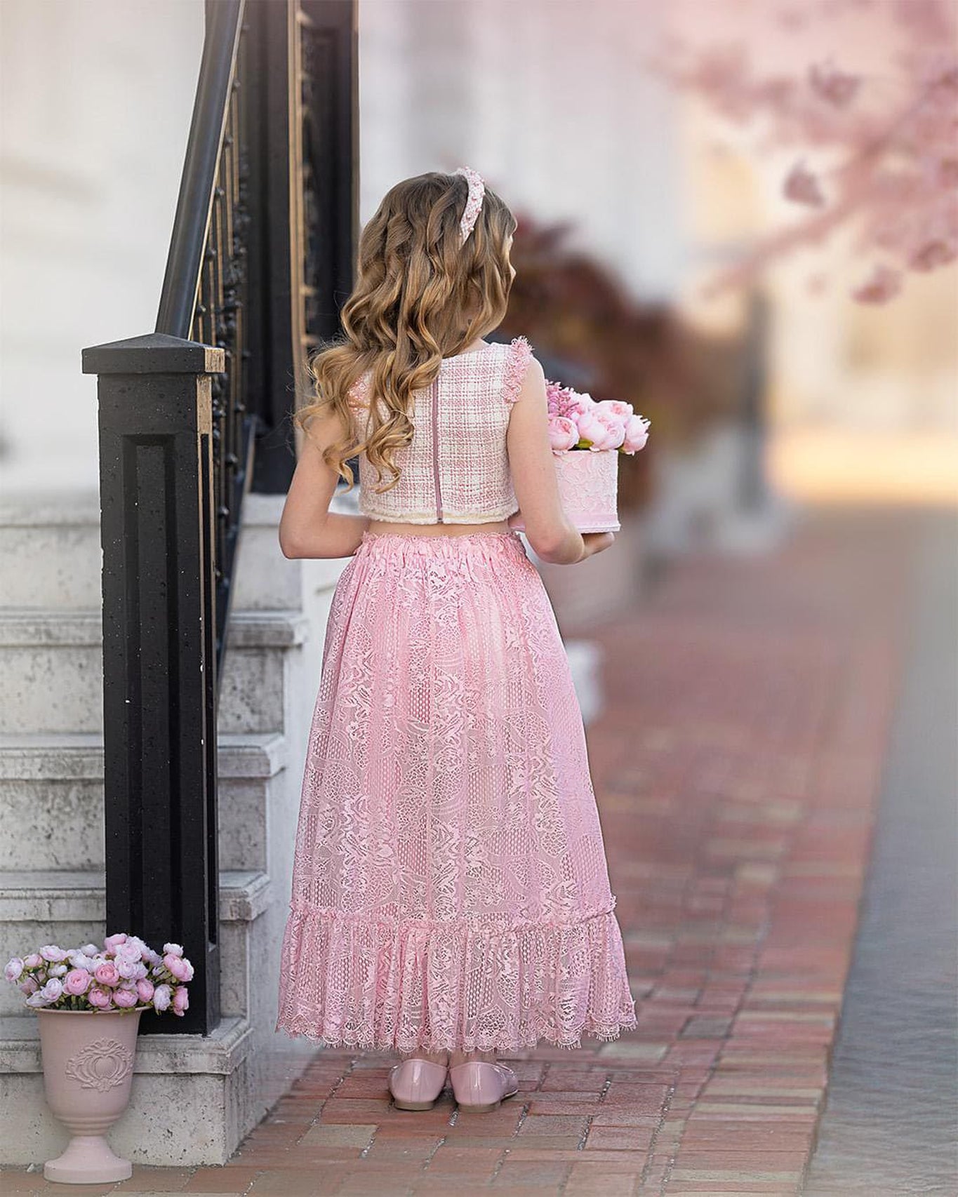 Girl | Molly Tweed Top and Lace Skirt Set | Pink