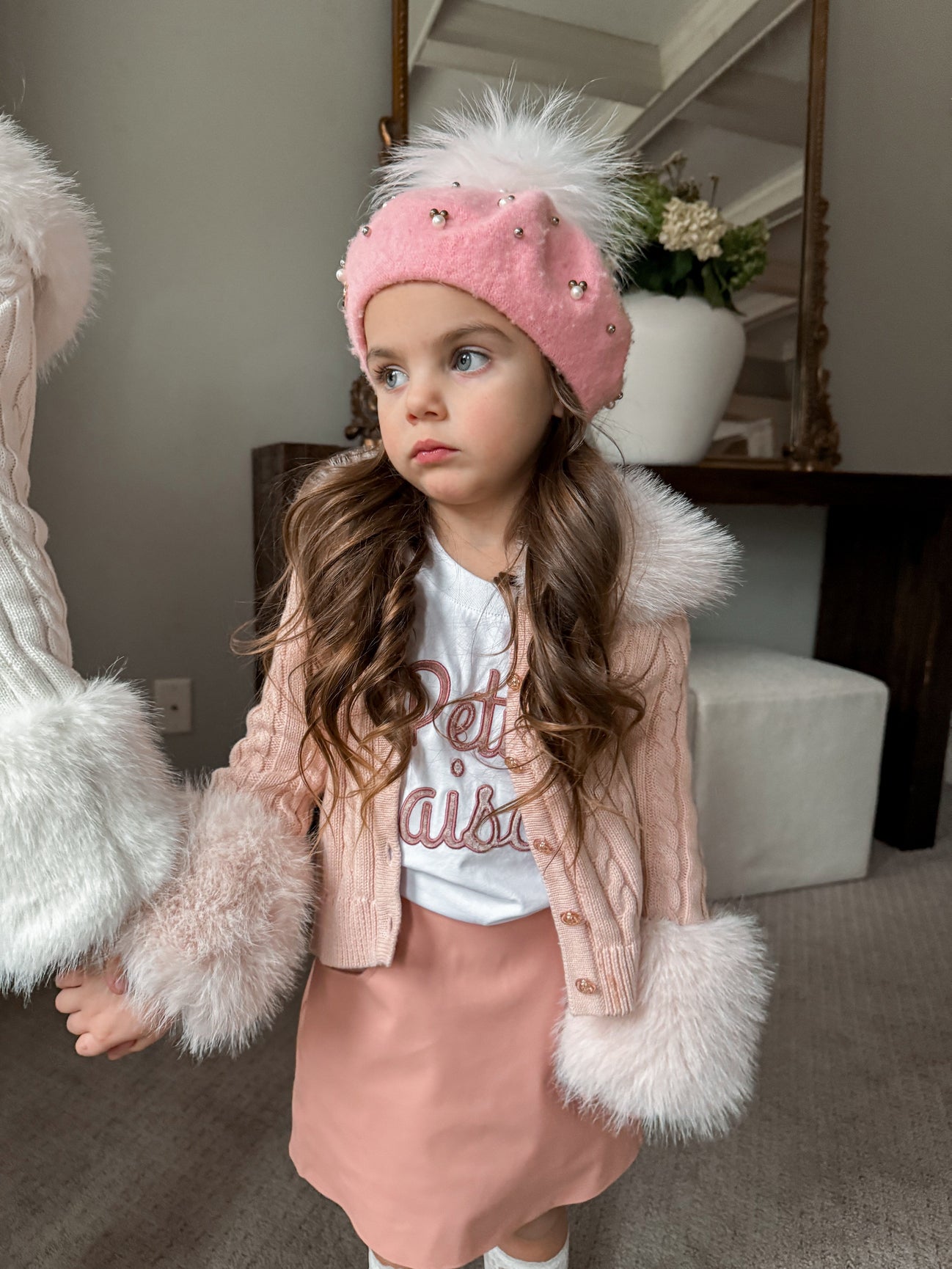 Girl | Pink Cableknit Faux Fur Cotton Cardigan
