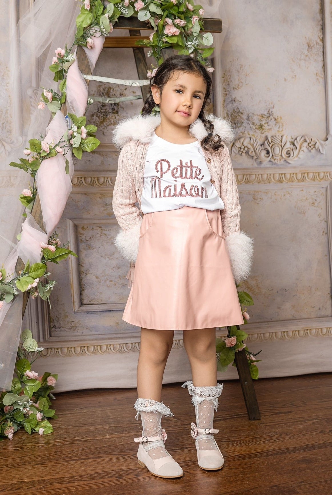 Girl | Pink Cableknit Faux Fur Cotton Cardigan