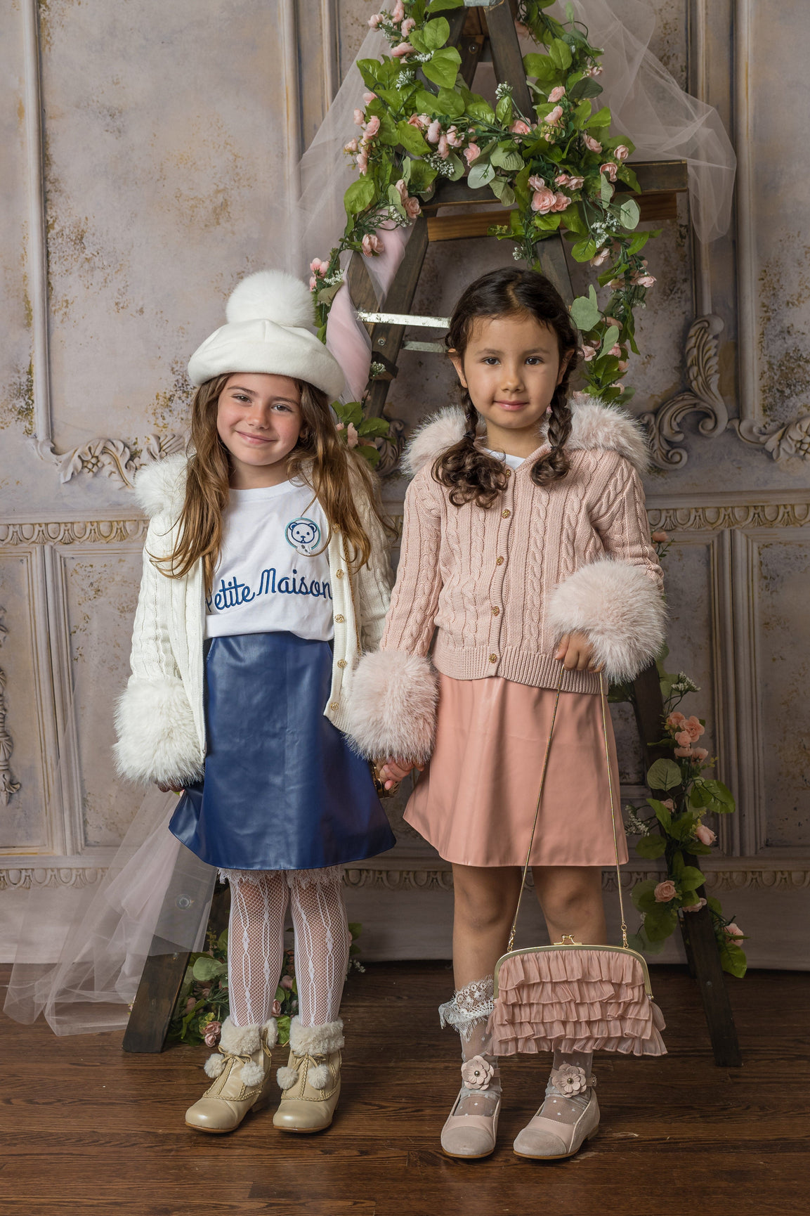 Girl | Pink Cableknit Faux Fur Cotton Cardigan