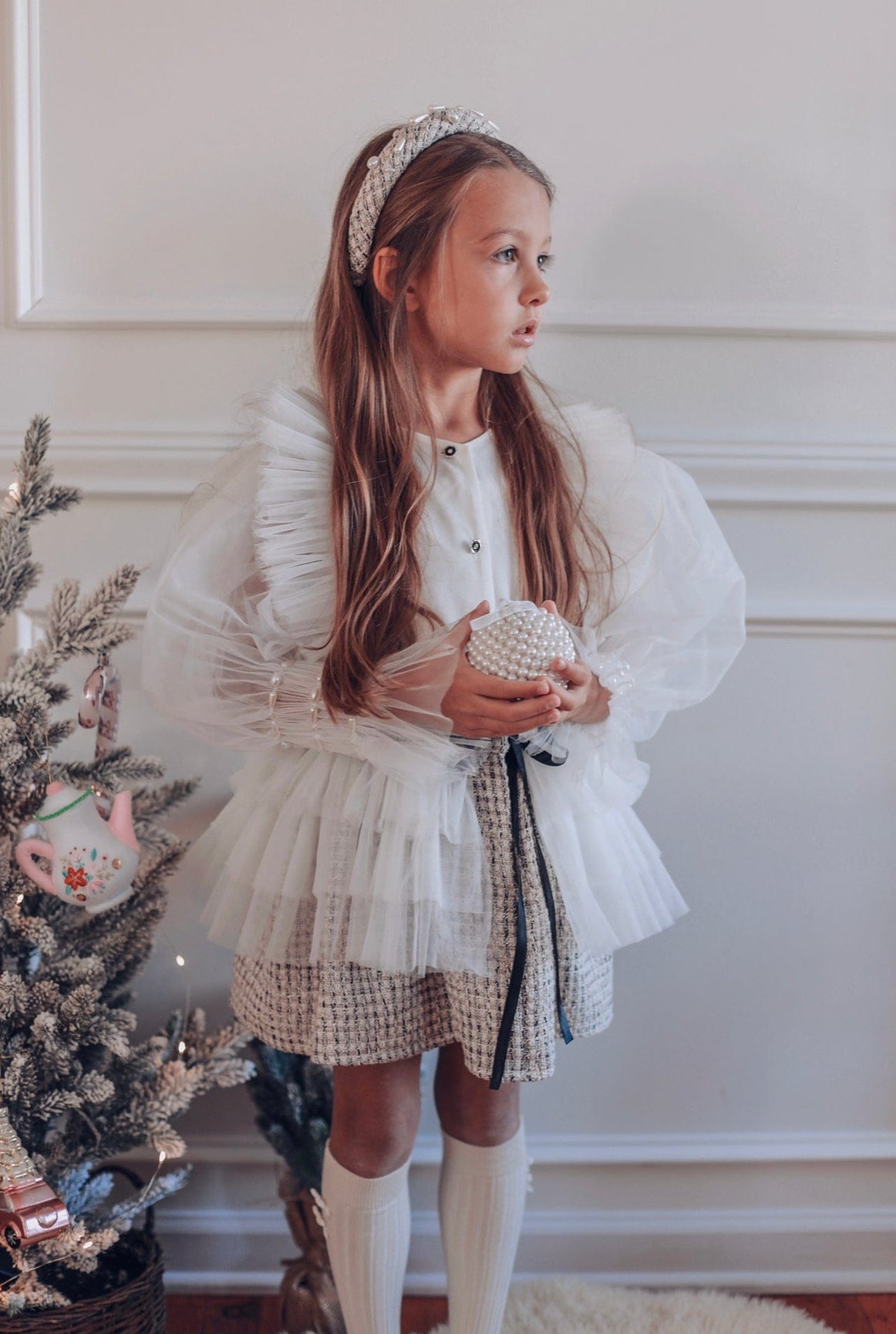 Girl | Vera Tweed Blouse and Skirt Set | White x Gray