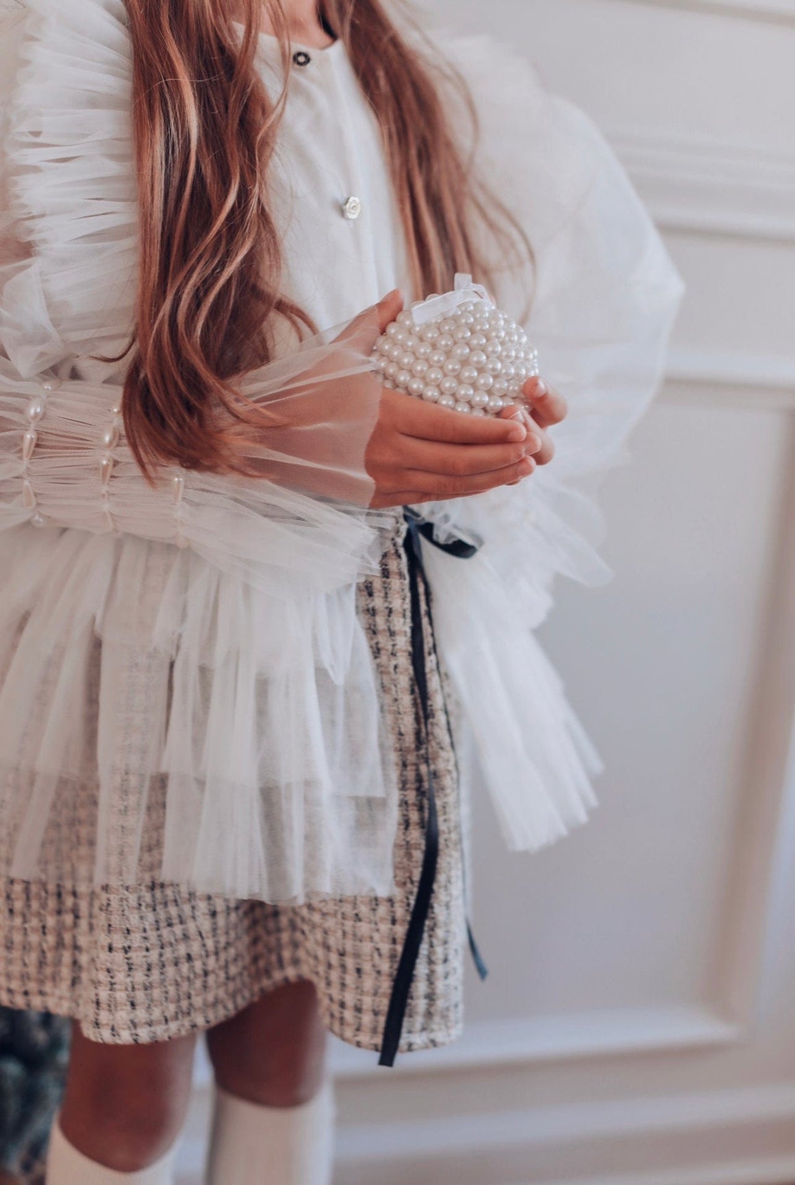 Girl | Vera Tweed Blouse and Skirt Set | White x Gray