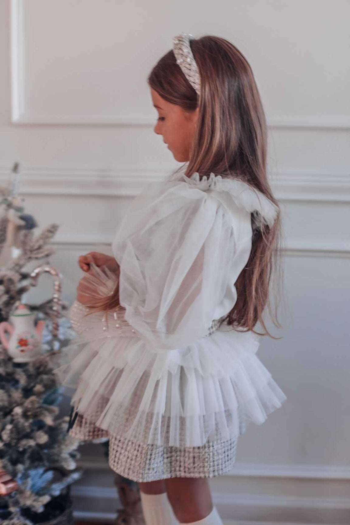 Girl | Vera Tweed Blouse and Skirt Set | White x Gray