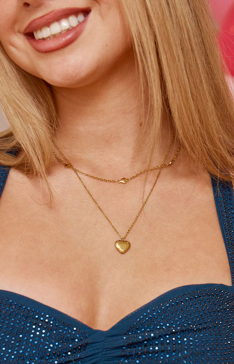 Heart Double Chain Necklace | Gold