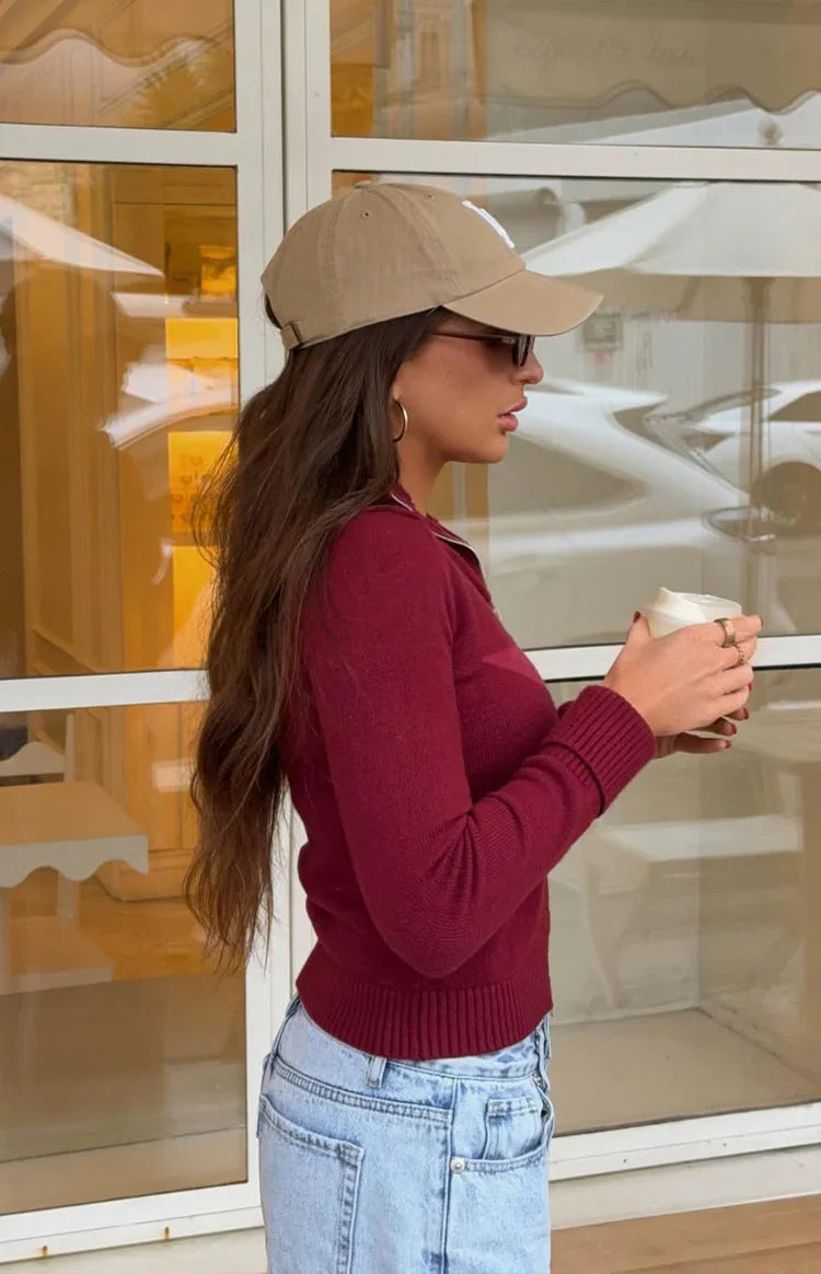 Groove Star Zip Up Knit Sweater | Burgundy