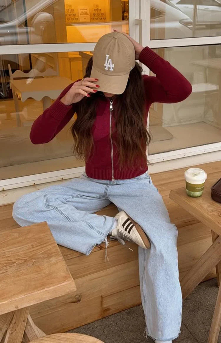 Groove Star Zip Up Knit Sweater | Burgundy