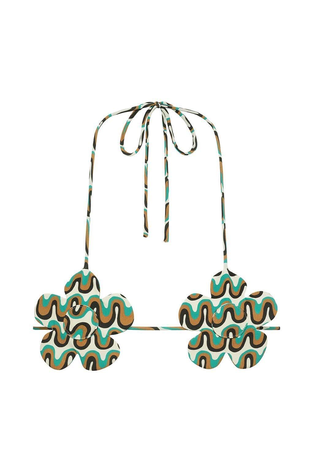 Bikini top with flower-shaped cups in turquoise, brown, and cream wavy pattern with striped tie straps.