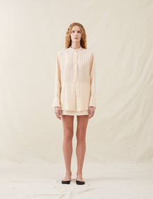 Womens | The Collarless Shirt | Sheer Cream Stripe