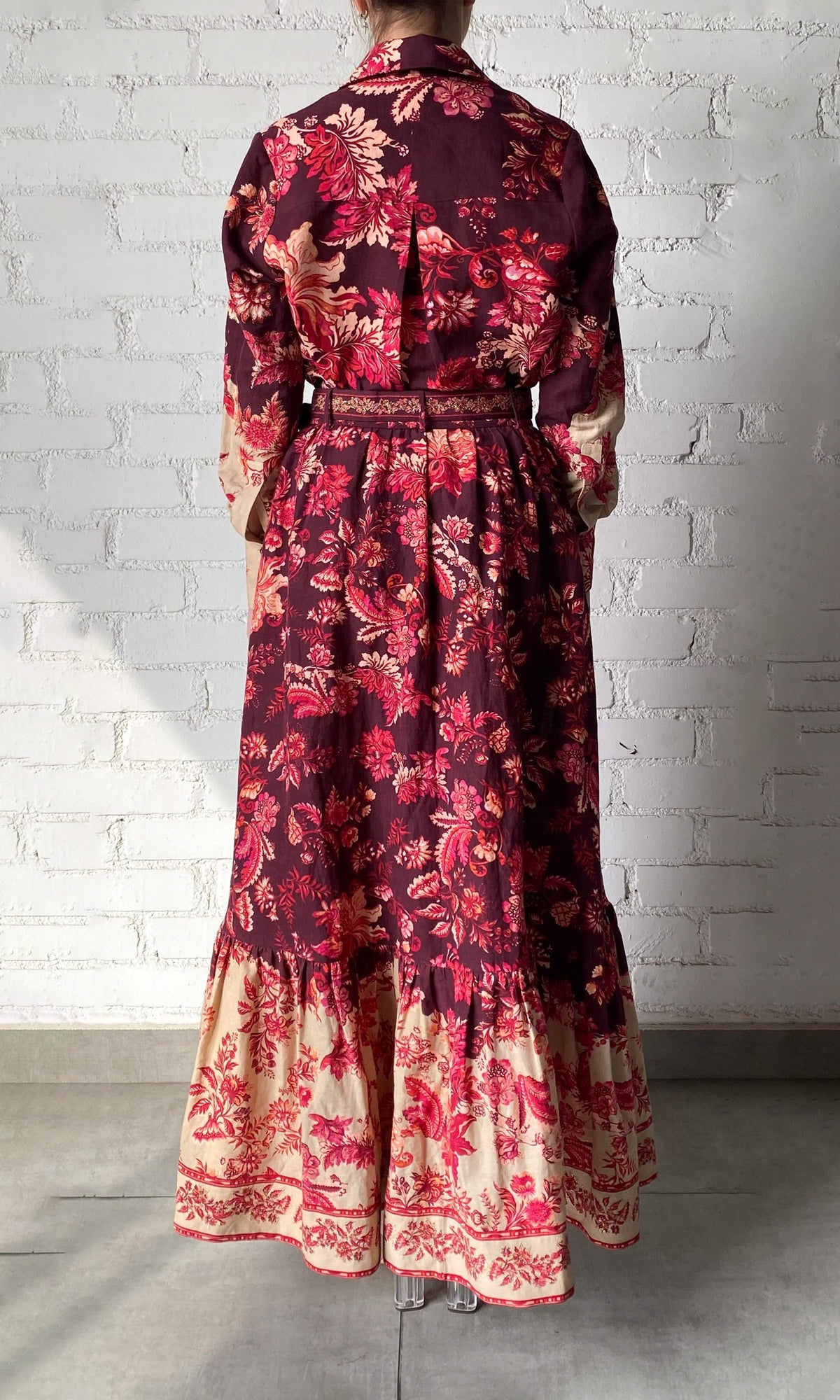 Womens | Aafa Linen Cotton Long Skirt | Red/Beige