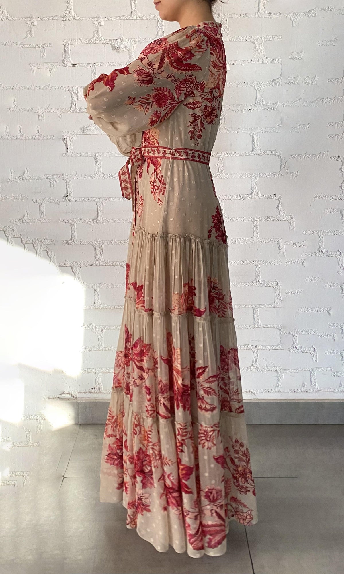 Hemant And Nandita | Aafa Viscose Georgette Stripe Lurex Long Shirt Dress With Tie Up Belt And Slip | FA24 | Red Beige