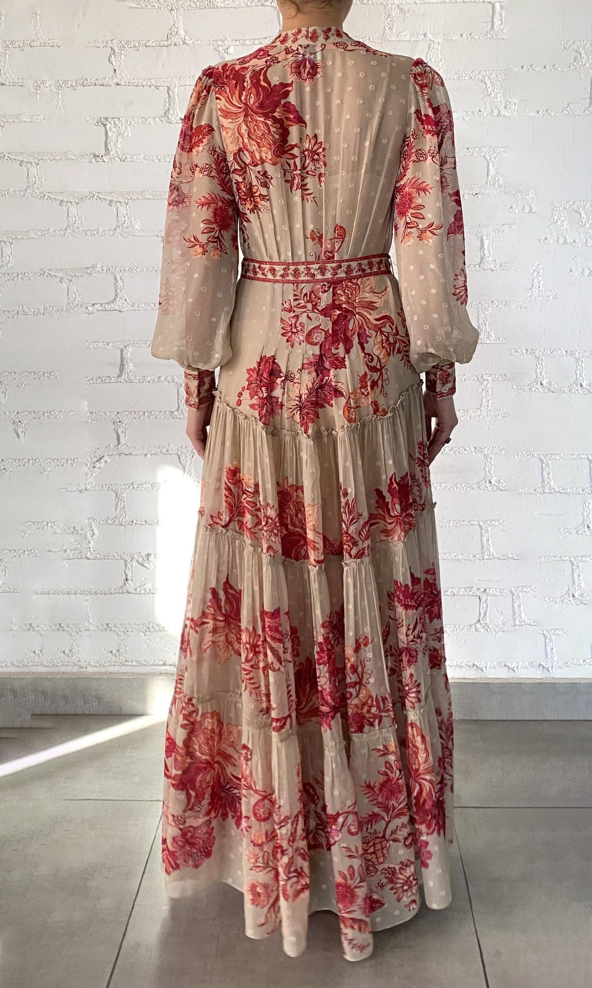 Hemant And Nandita | Aafa Viscose Georgette Stripe Lurex Long Shirt Dress With Tie Up Belt And Slip | FA24 | Red Beige