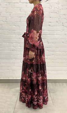Hemant And Nandita | Aafa Viscose Georgette Stripe Lurex Long Shirt Dress With Tie Up Belt And Slip | Burgundy