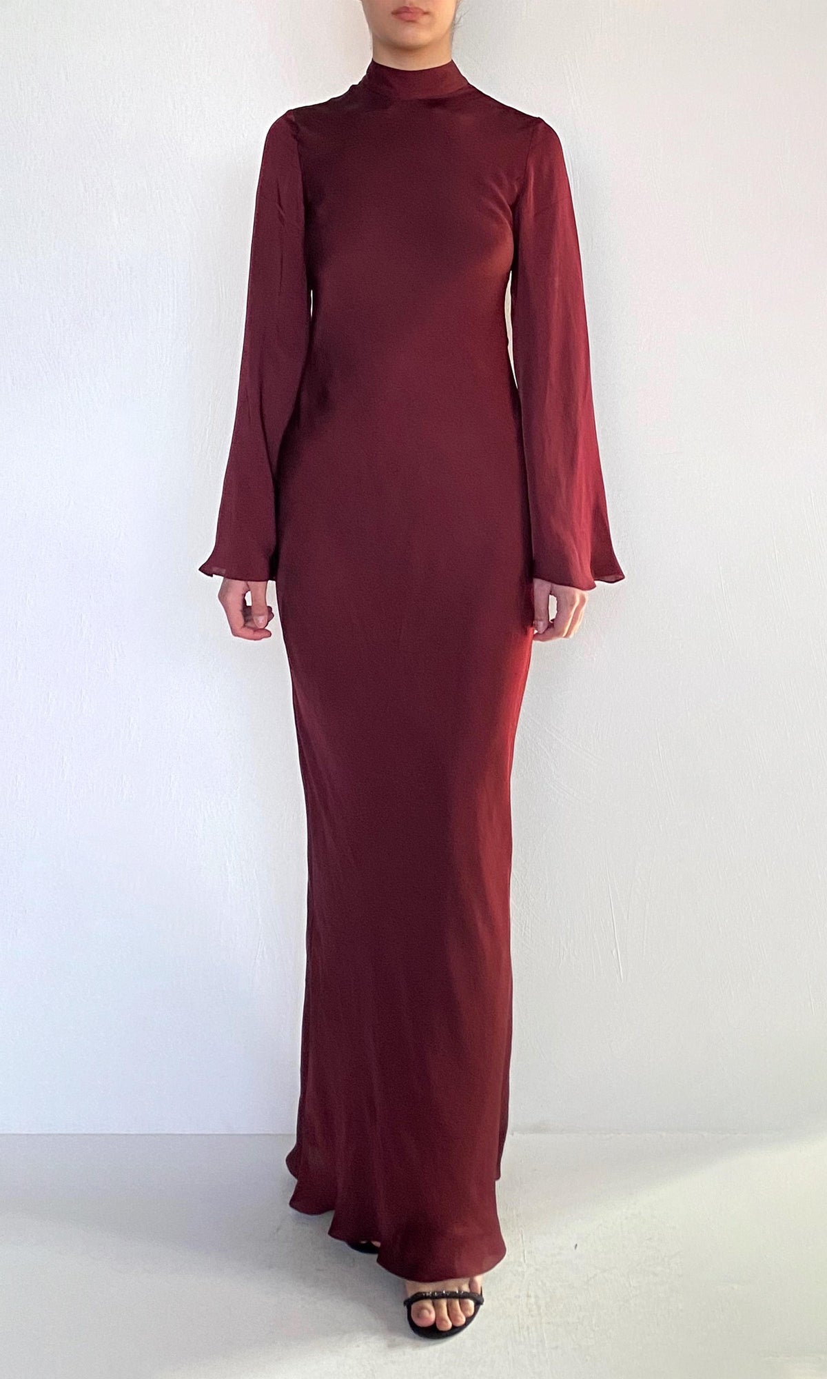 Hemant And Nandita | Aayu Viscose Satin Baised Maxi Dress With Mock Neck | Burgundy