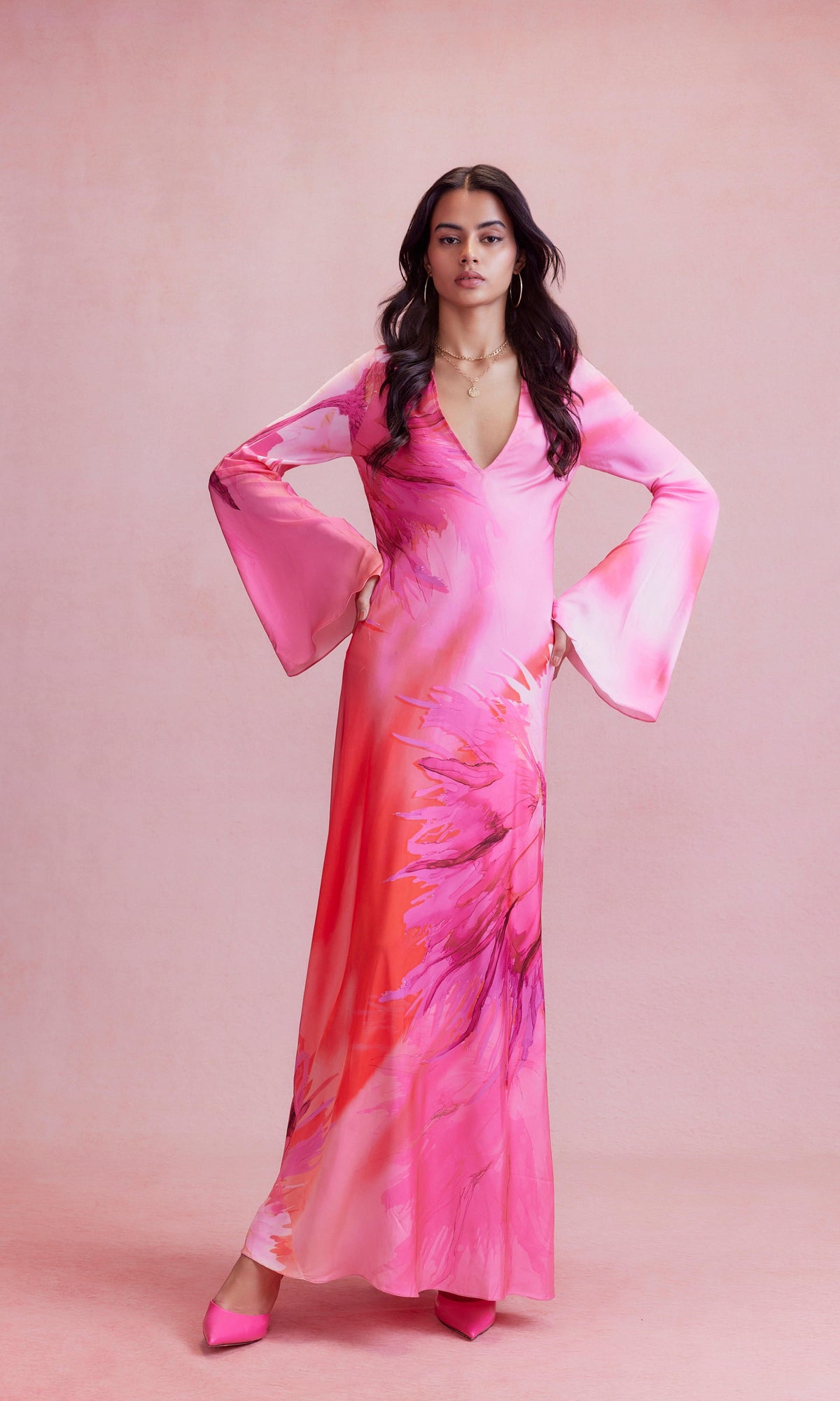 Hemant And Nandita | Abira Polyester Satin Lycra Long Dress | Pink