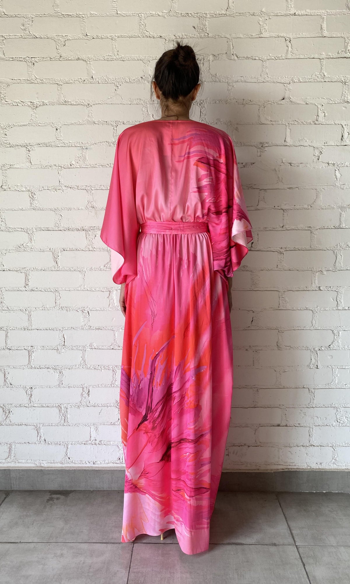 Womens | Abira Polyester Satin Lycra Long Kaftan With Belt | Pink