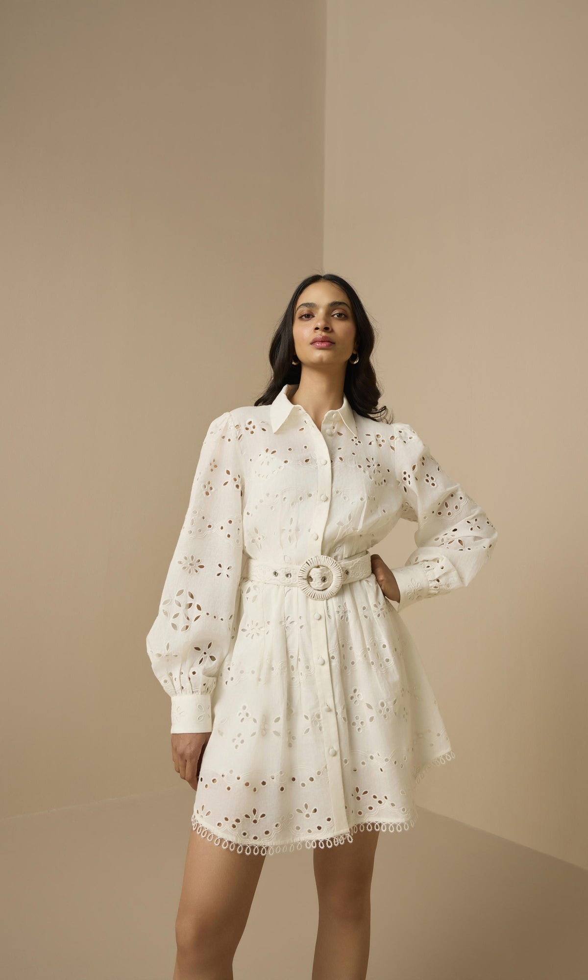 Hemant And Nandita | Adya Poplin Short Dress With Buckle Belt And Slip | Off White