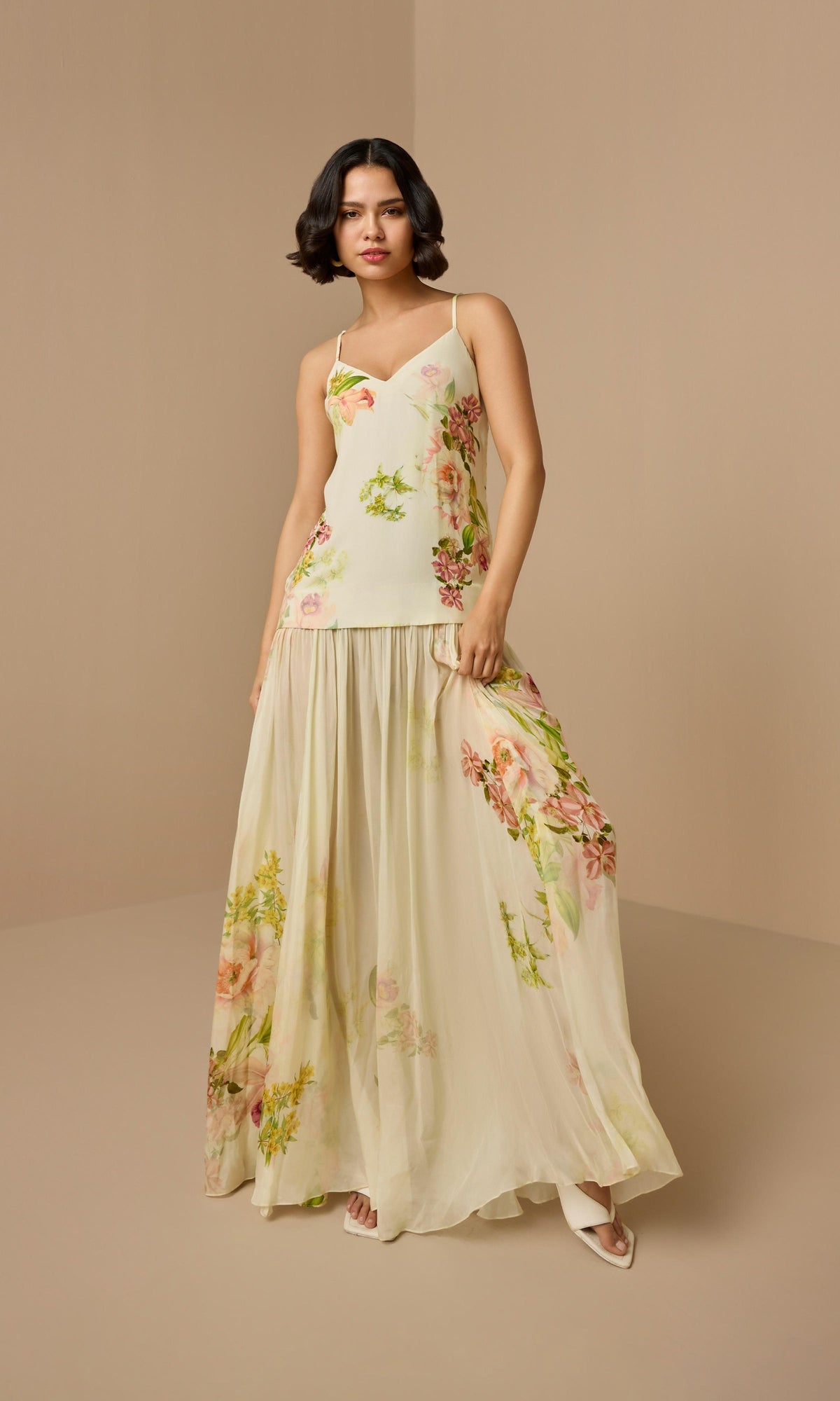 Womens | Aiva Viscose Crepe Heavy + Flat Chiffon Maxi Dress | Ivory Floral