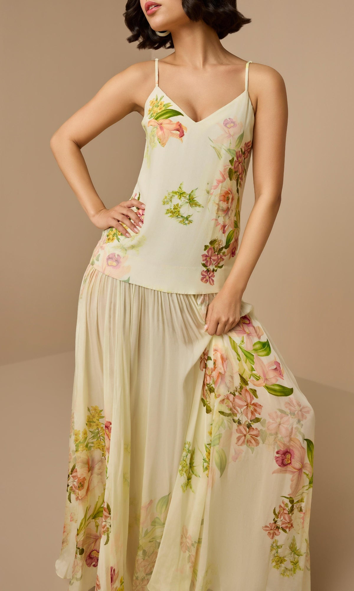 Womens | Aiva Viscose Crepe Heavy + Flat Chiffon Maxi Dress | Ivory Floral
