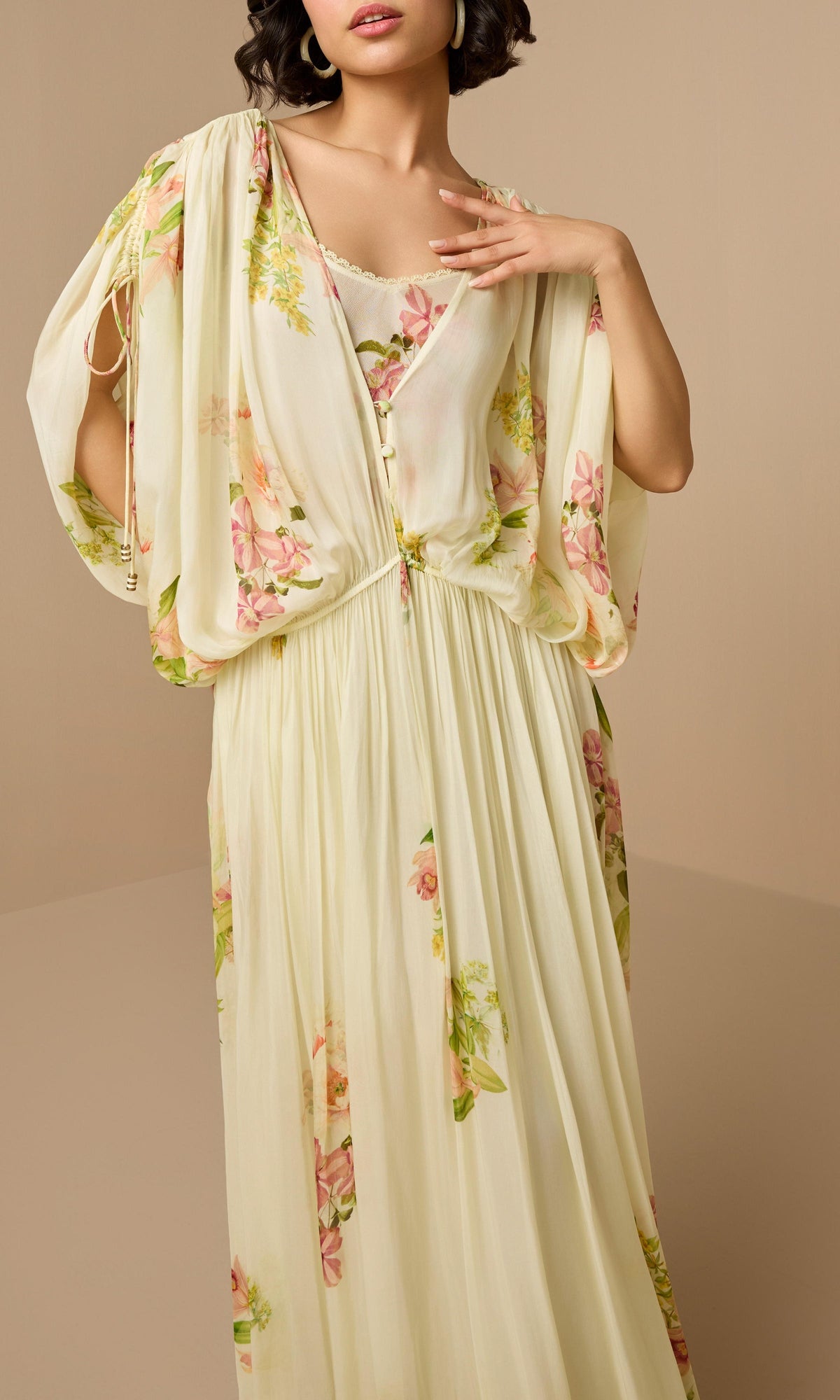Hemant And Nandita | Aiva Viscose Flat Chiffon Ruched Waist Kaftan With Slip | Ivory Floral