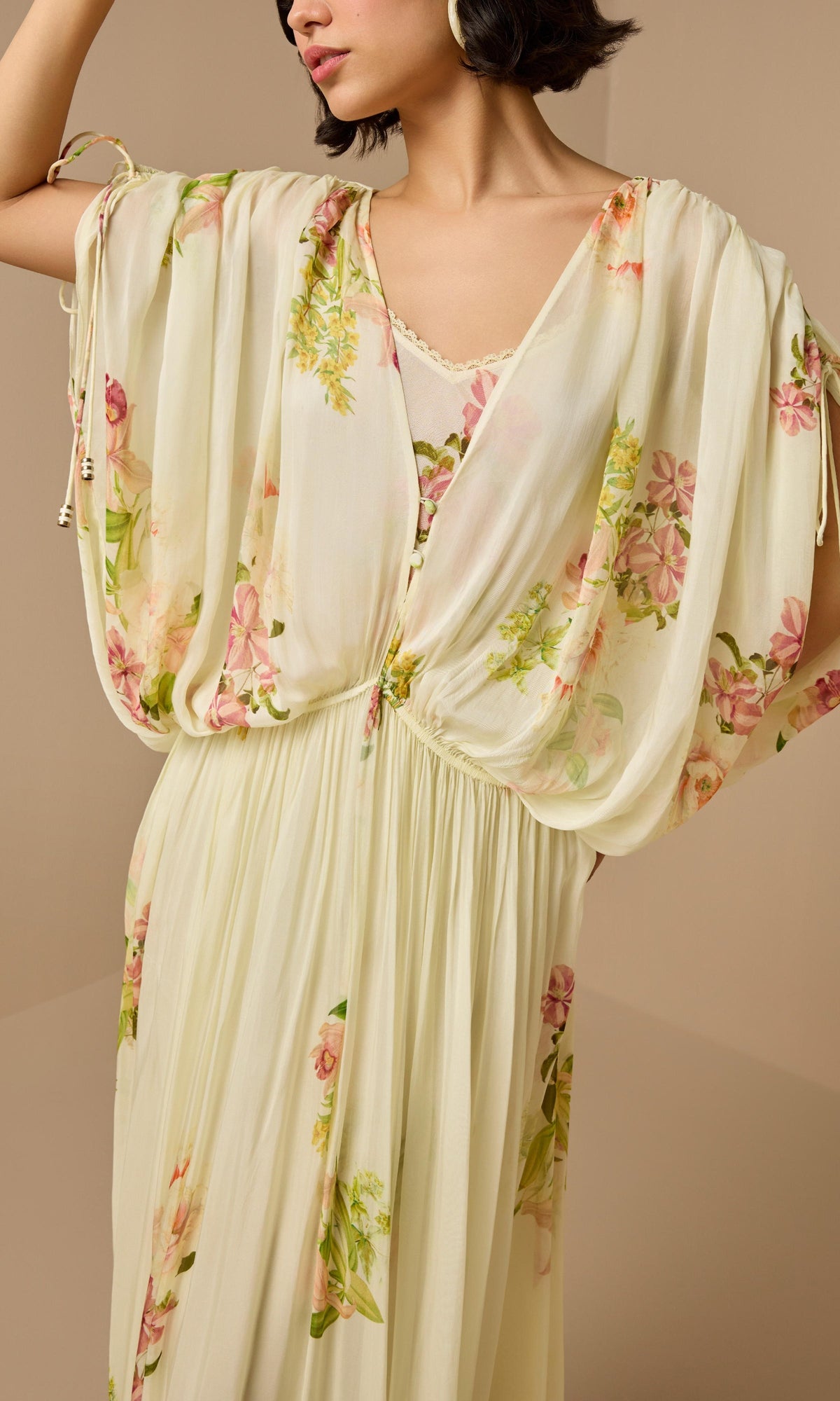 Hemant And Nandita | Aiva Viscose Flat Chiffon Ruched Waist Kaftan With Slip | Ivory Floral