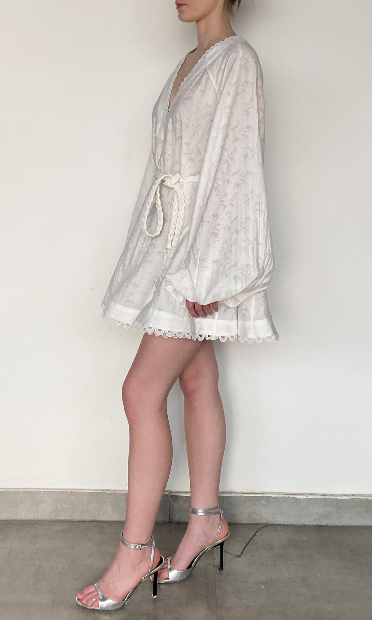 Hemant And Nandita | Anvi Viscose Nylon Jacquard Short Dress With Braided Belt And Slip | White