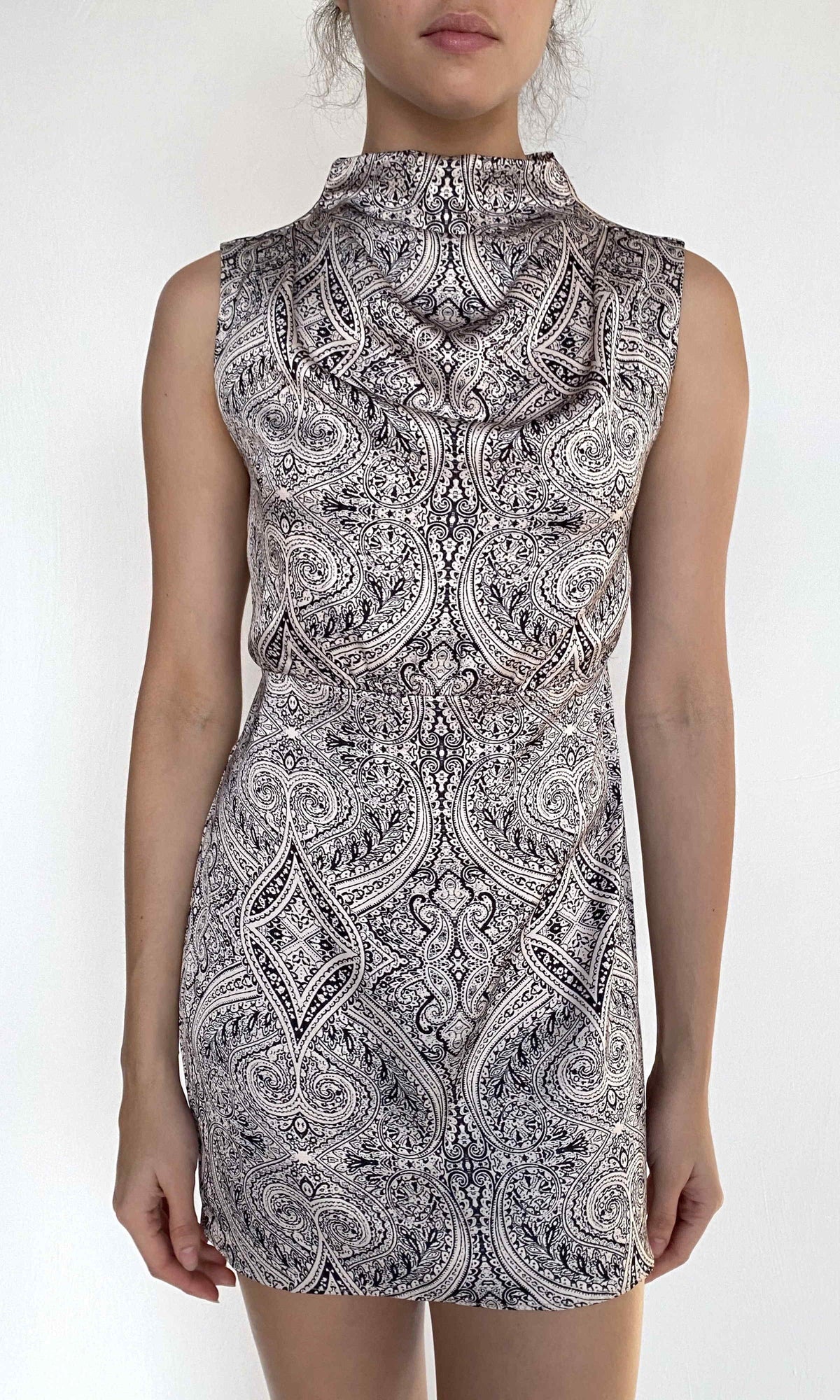 Womens | Chavi Polyester Double Satin Extended Neck Cowl Mini Dress | Eggshell