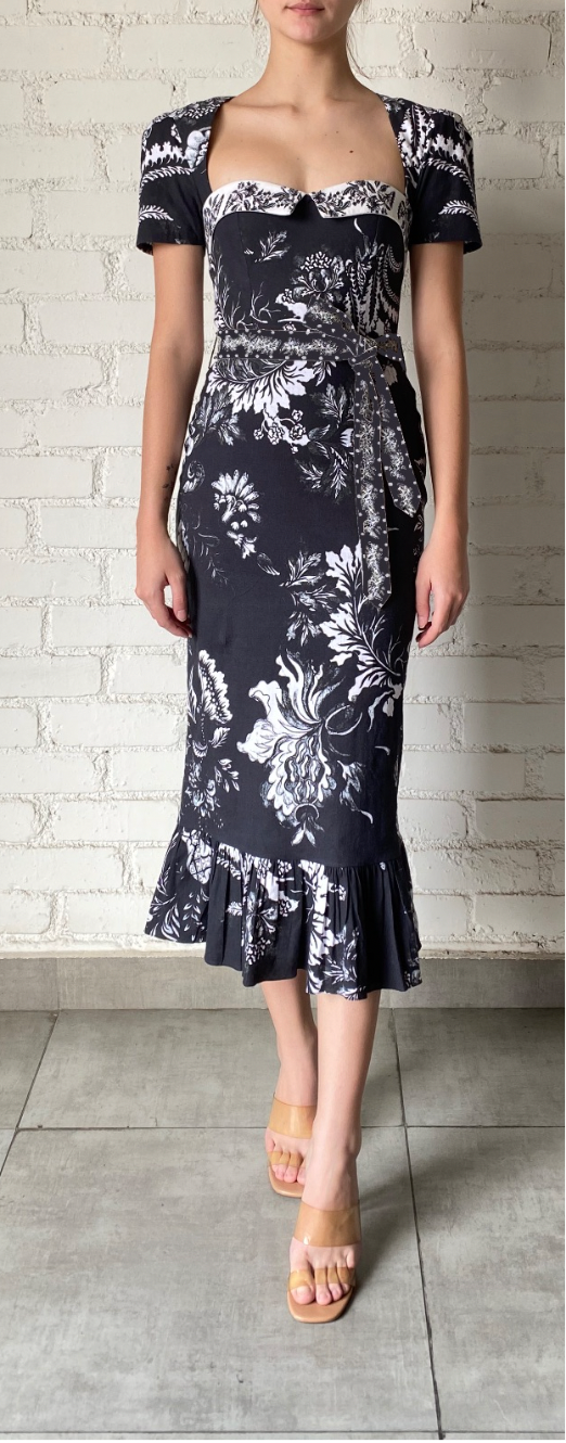 Hemant & Nandita | Dea Sweetheart-Neck Short-Sleeve Midi Dress | Black/White