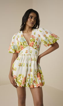 Womens | Dhun Linen Cotton Balloon Hem Mini Dress | Multi