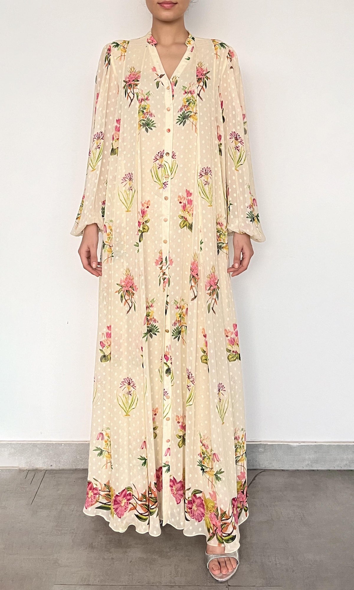 Hemant And Nandita | Dina Viscose Georgette Dobby Maxi Dress | Off White Multi