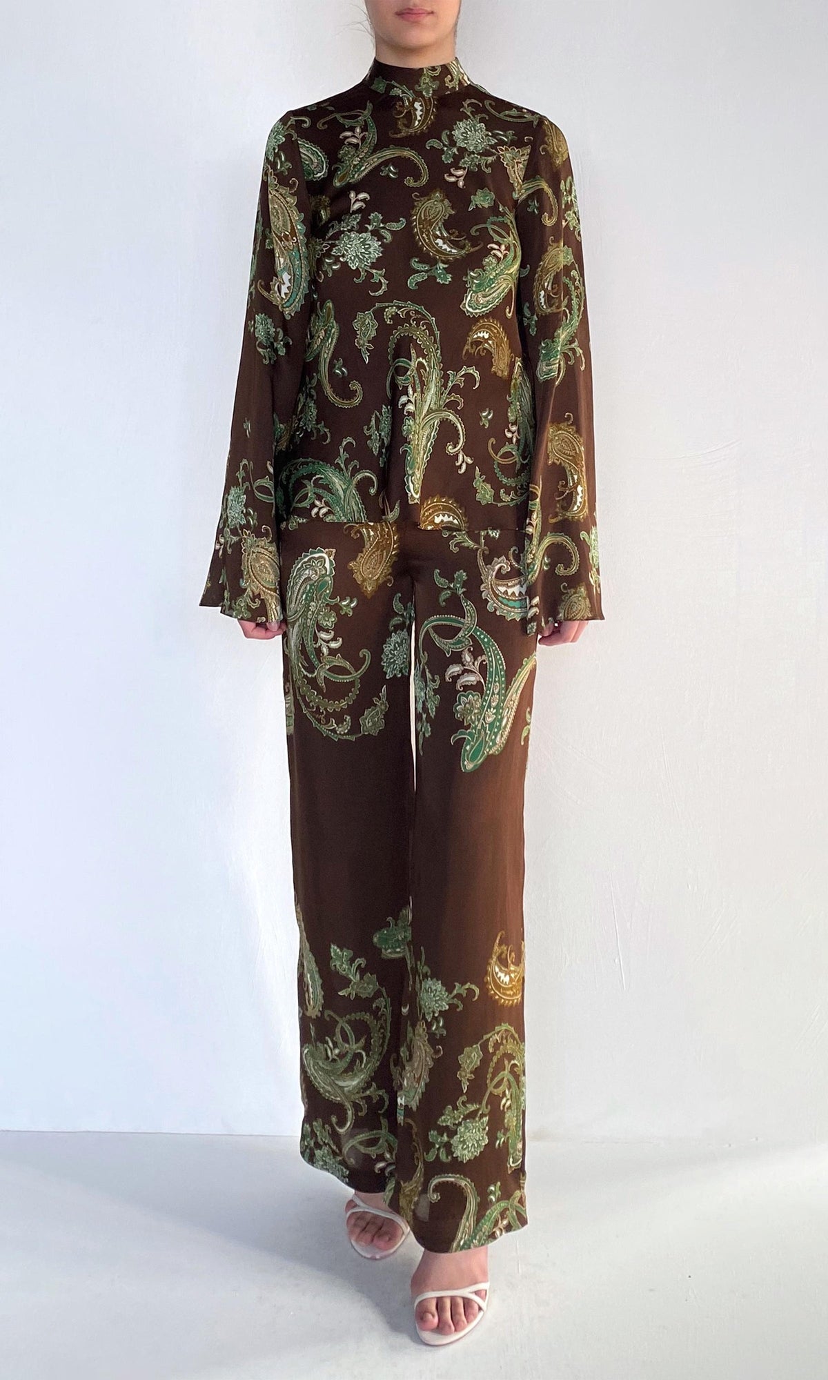 Womens | Dira Viscose Satin Mock Neck Bias Top | Dark Brown