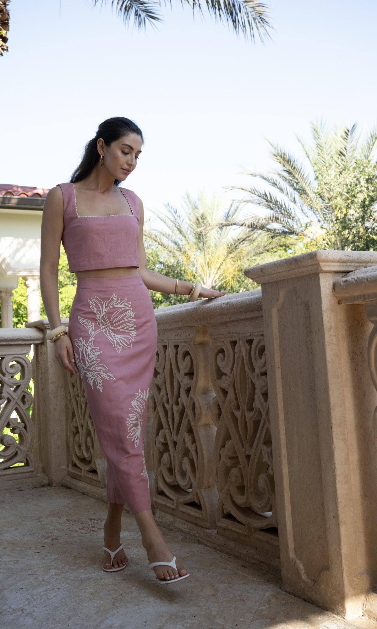 Hemant And Nandita | Gul Linen Cotton Fitted Midi Skirt | Dusty Pink