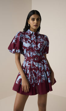 Hemant And Nandita | Hiba Linen Cotton Collared Mini Shirt Dress | Merlot