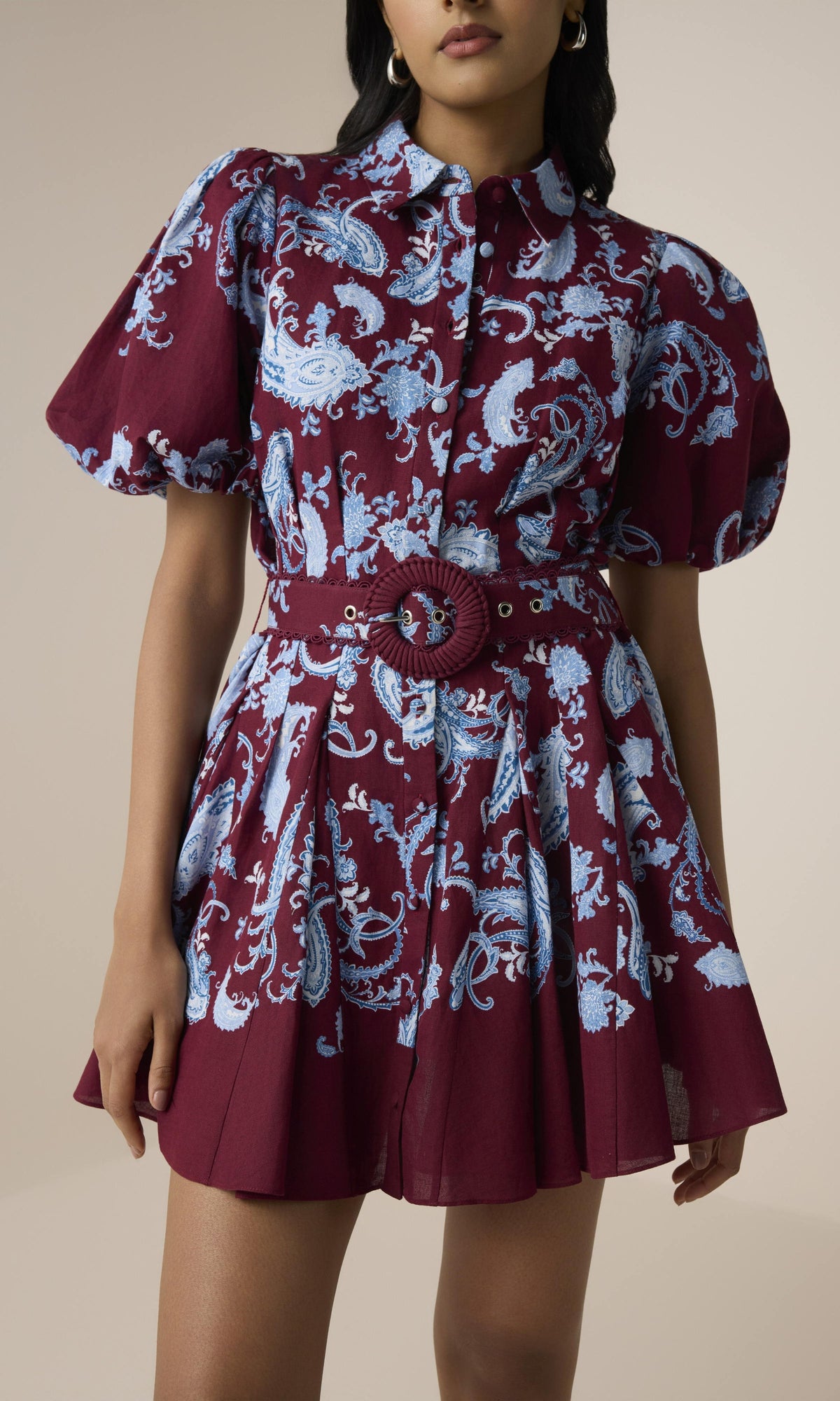 Hemant And Nandita | Hiba Linen Cotton Collared Mini Shirt Dress | Merlot