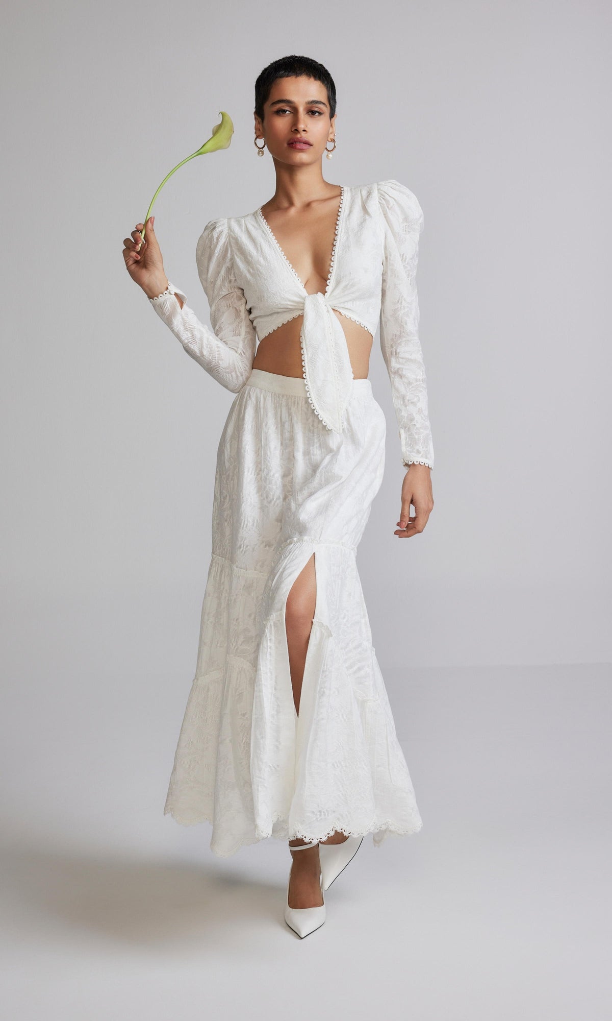 Hemant And Nandita | Ilara Viscose Nylon Jacquard Knotted Top | White