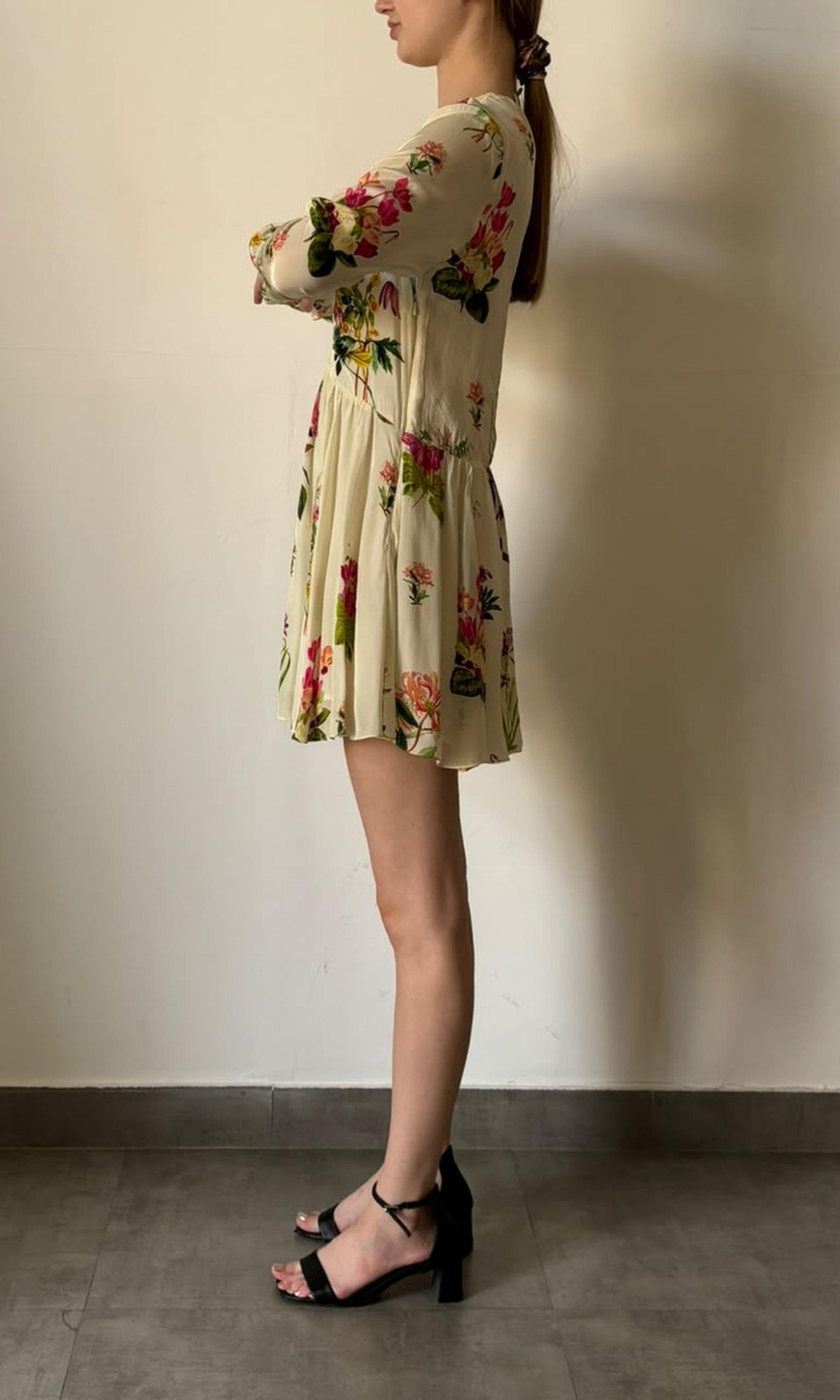 Hemant And Nandita | Inv Natural Crepe Floral Print Short Dress | Cream