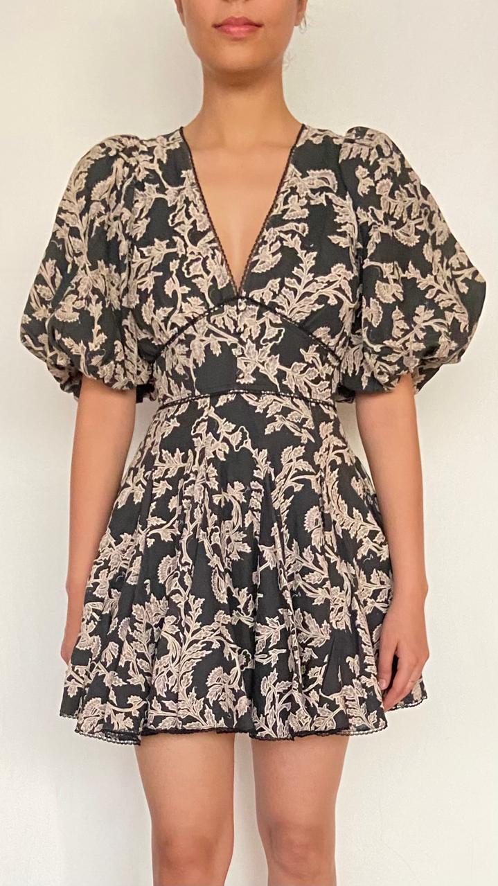 Hemant & Nandita | Z V-Neck Bubble-Sleeve Short Dress | Black