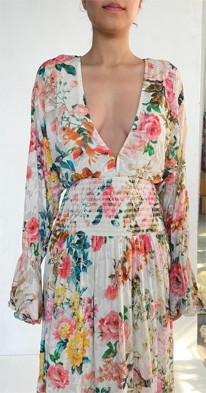 Hemant & Nandita | Jolie Floral Print Long Dress | Off-White