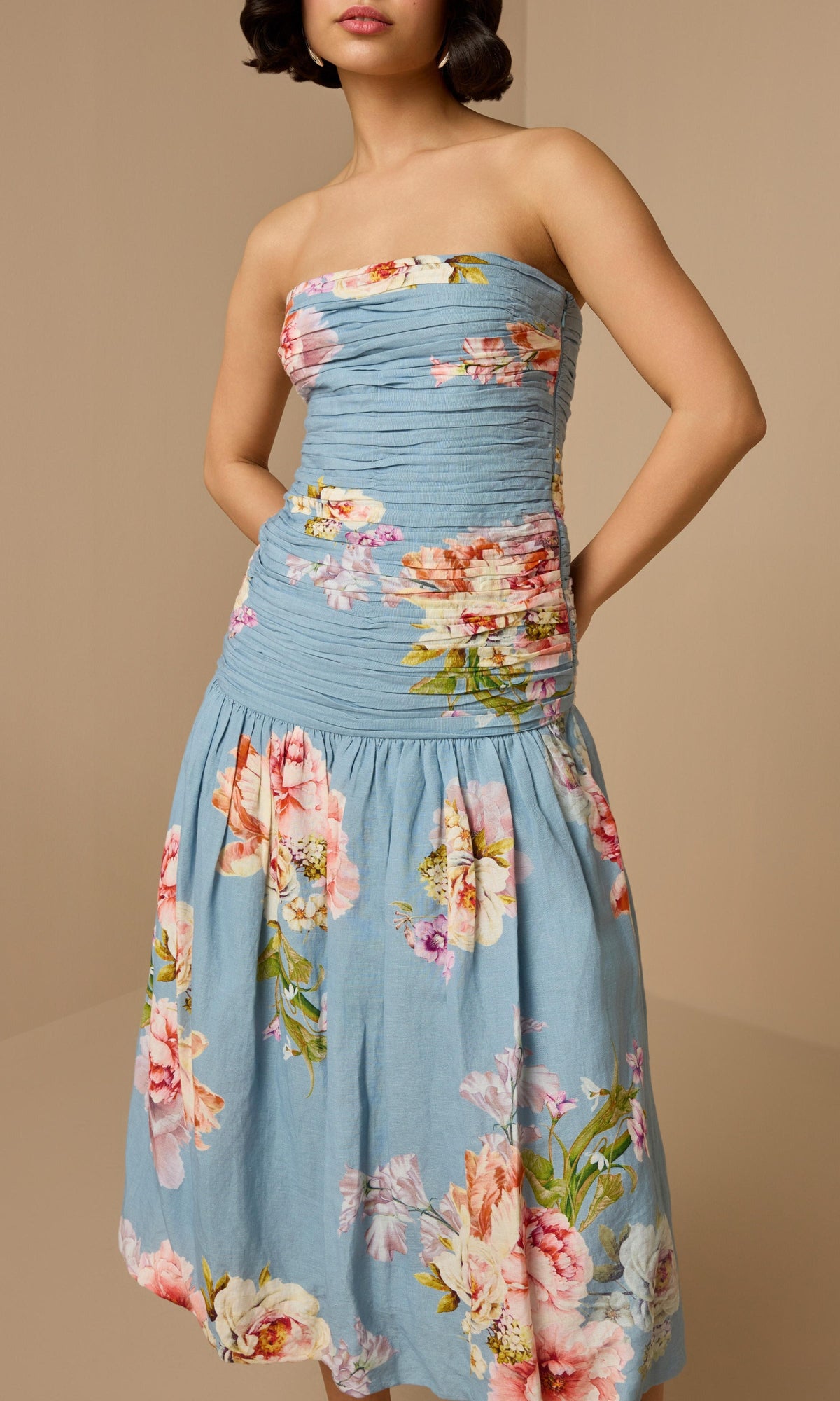 Hemant And Nandita | Kavi Linen Cotton Ruched Midi Dress | Pink Blue Multi